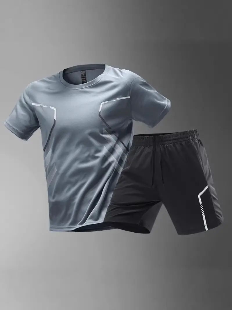 Sports Suit Men's Ice Silk Quick-Drying Clothing Fitness T-Shirt Running Short-Sleeved Shorts Training Clothes Foreign Trade Cross-Border Wholesale