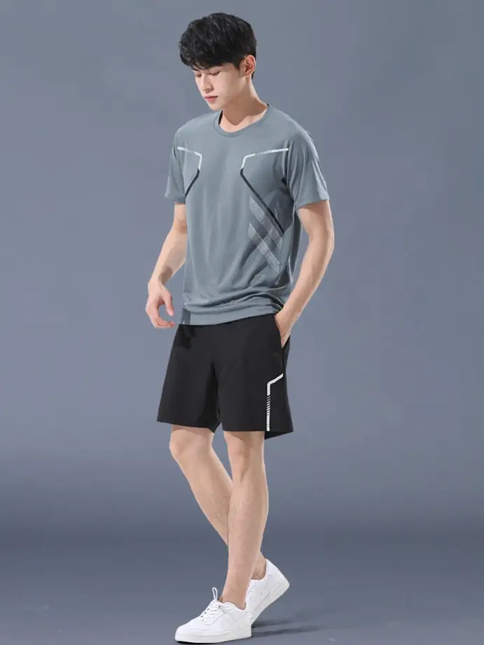 Sports Suit Men's Ice Silk Quick-Drying Clothing Fitness T-Shirt Running Short-Sleeved Shorts Training Clothes Foreign Trade Cross-Border Wholesale