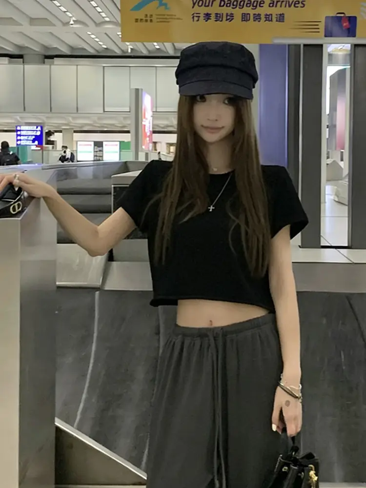 Short Hemmed T-Shirt for Women, Summer Simple Basic Style, Round Neck, Regular Shoulder, Short Sleeves, Slim-Fit Casual Top - Image 6