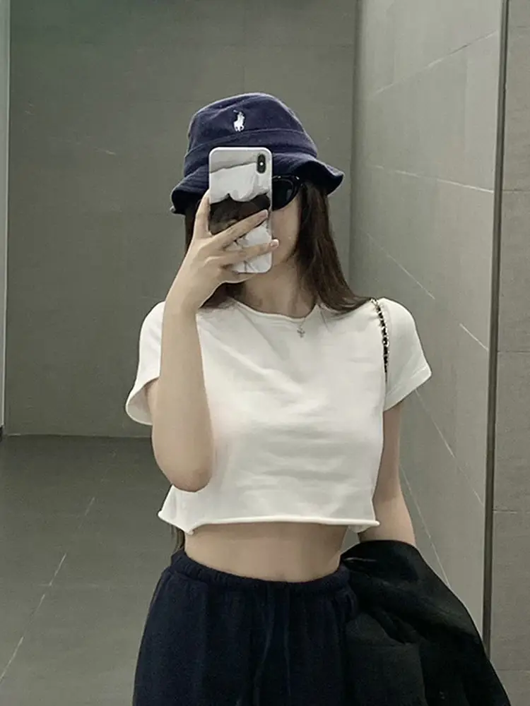 Short Hemmed T-Shirt for Women, Summer Simple Basic Style, Round Neck, Regular Shoulder, Short Sleeves, Slim-Fit Casual Top - Image 7