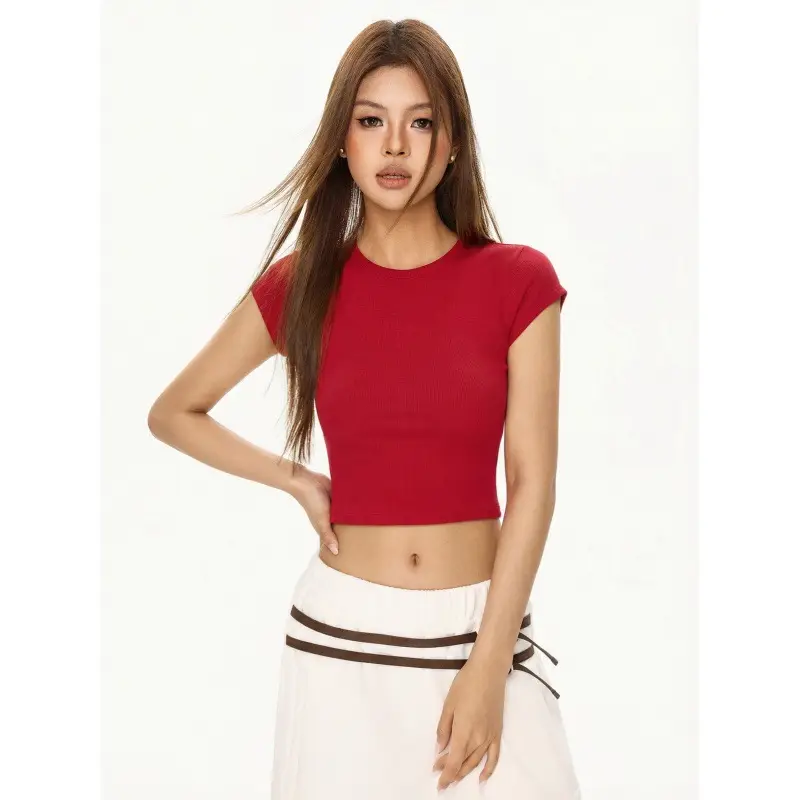 Hot Girl Slim-Fit Crop Top Short-Sleeve T-Shirt for Women, Summer American Style, Regular Shoulder, Round Neck, Short Top