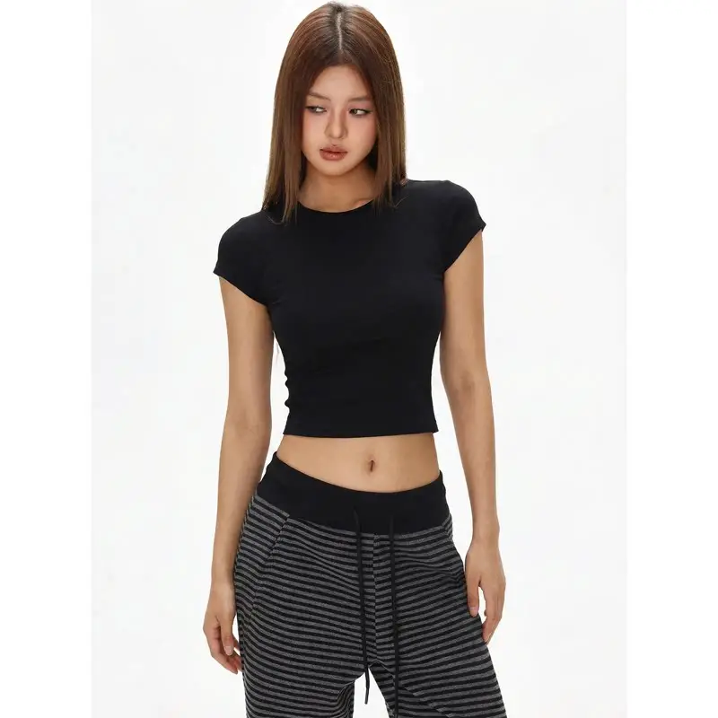 Hot Girl Slim-Fit Crop Top Short-Sleeve T-Shirt for Women, Summer American Style, Regular Shoulder, Round Neck, Short Top