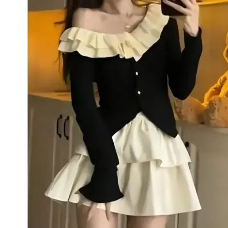New Style Elegant Short Sun-Protective Top Two-Piece Set with High-Waisted New Leather Cake Skirt Outfit for Women