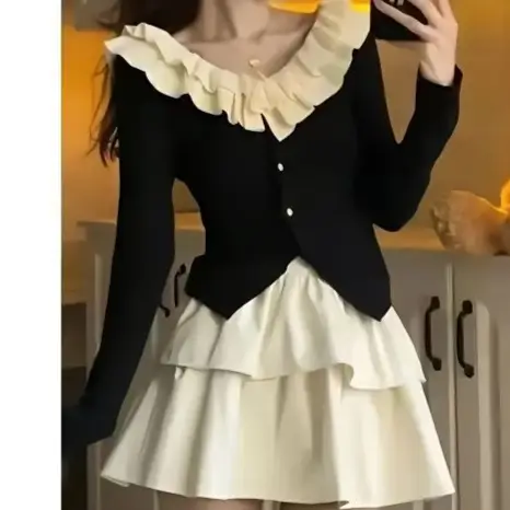 New Style Elegant Short Sun-Protective Top Two-Piece Set with High-Waisted New Leather Cake Skirt Outfit for Women