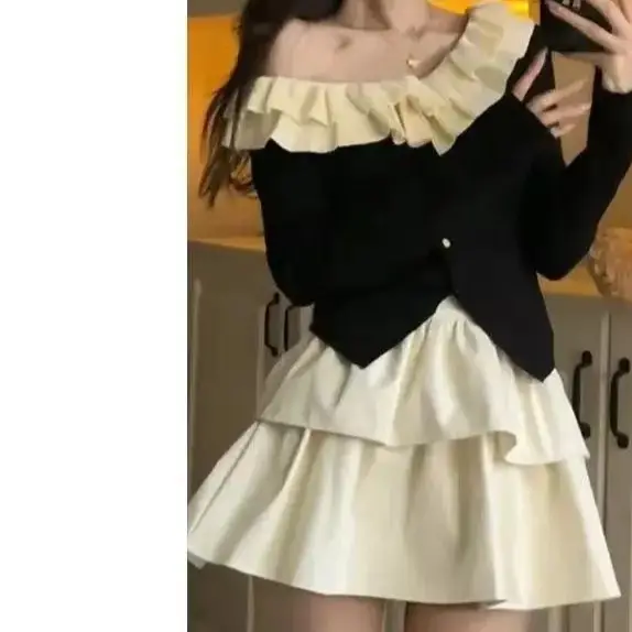 New Style Elegant Short Sun-Protective Top Two-Piece Set with High-Waisted New Leather Cake Skirt Outfit for Women