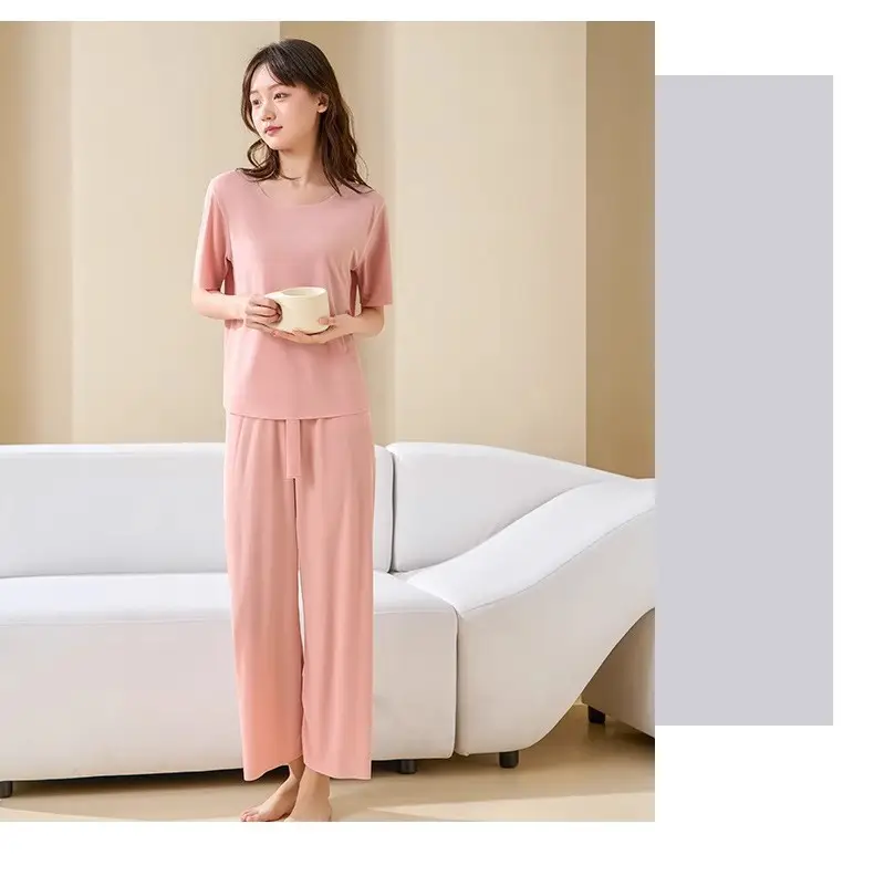 Plus-Size Summer Ice Silk Pajamas Two-Piece Short-Sleeve Set for Women, New Style Loungewear, Casual Loose Wide-Leg Pants Sleepwear