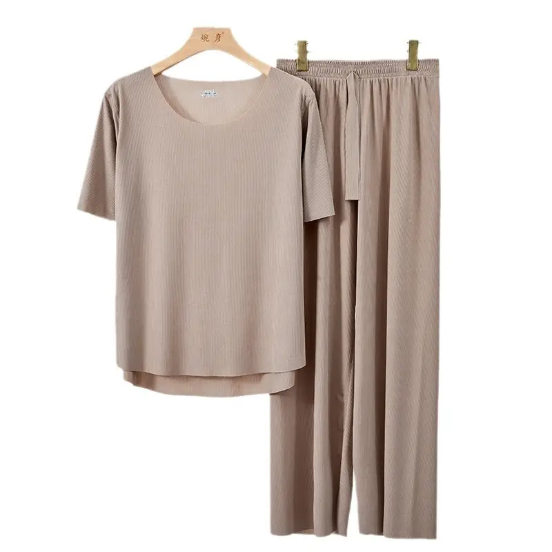 Plus-Size Summer Ice Silk Pajamas Two-Piece Short-Sleeve Set for Women, New Style Loungewear, Casual Loose Wide-Leg Pants Sleepwear