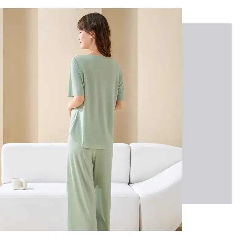 Plus-Size Summer Ice Silk Pajamas Two-Piece Short-Sleeve Set for Women, New Style Loungewear, Casual Loose Wide-Leg Pants Sleepwear — feature 26
