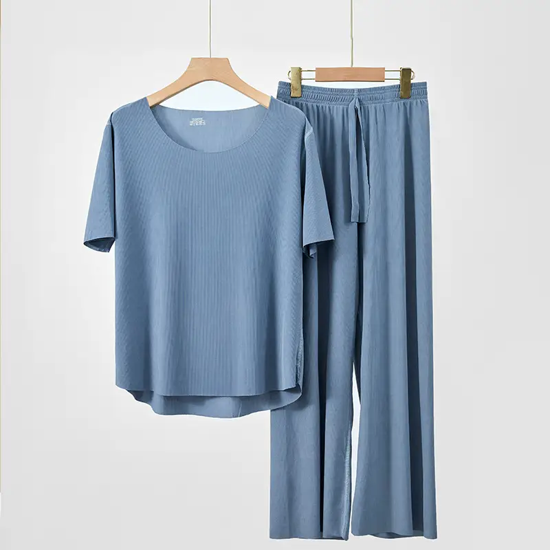 Plus-Size Summer Ice Silk Pajamas Two-Piece Short-Sleeve Set for Women, New Style Loungewear, Casual Loose Wide-Leg Pants Sleepwear