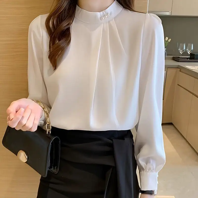 White Fashionable Women's Shirt, Autumn 2026 New Style, Professional Chiffon Blouse, Stylish Loose Fit, Slimming Long-Sleeve Top
