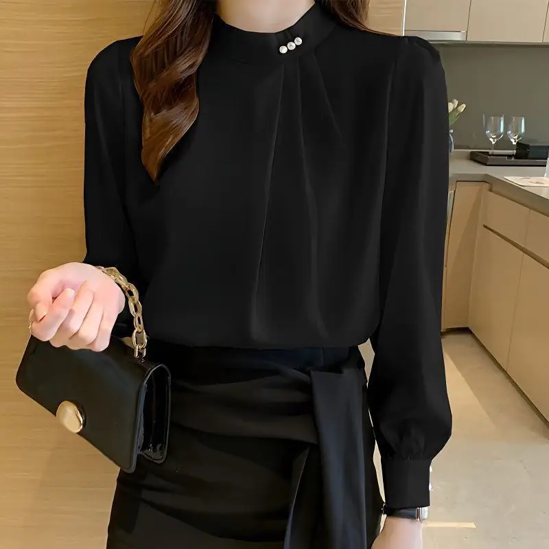 White Fashionable Women's Shirt, Autumn 2026 New Style, Professional Chiffon Blouse, Stylish Loose Fit, Slimming Long-Sleeve Top