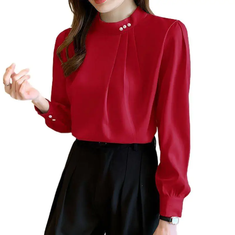 White Fashionable Women's Shirt, Autumn 2026 New Style, Professional Chiffon Blouse, Stylish Loose Fit, Slimming Long-Sleeve Top