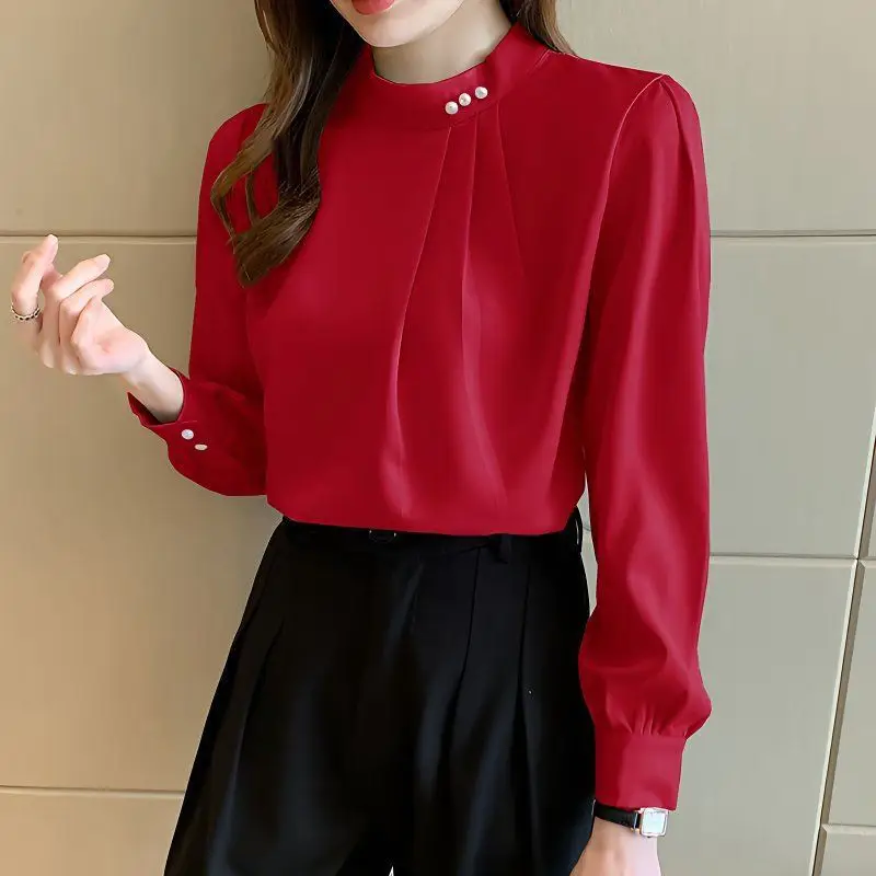 White Fashionable Women's Shirt, Autumn 2026 New Style, Professional Chiffon Blouse, Stylish Loose Fit, Slimming Long-Sleeve Top