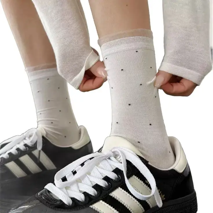Cool and Elegant Style Miu-Style Small Polka Dot Lace Socks for Women, Mid-Calf, Spring and Summer Thin Pure Cotton Ballet-Style Slouch Socks
