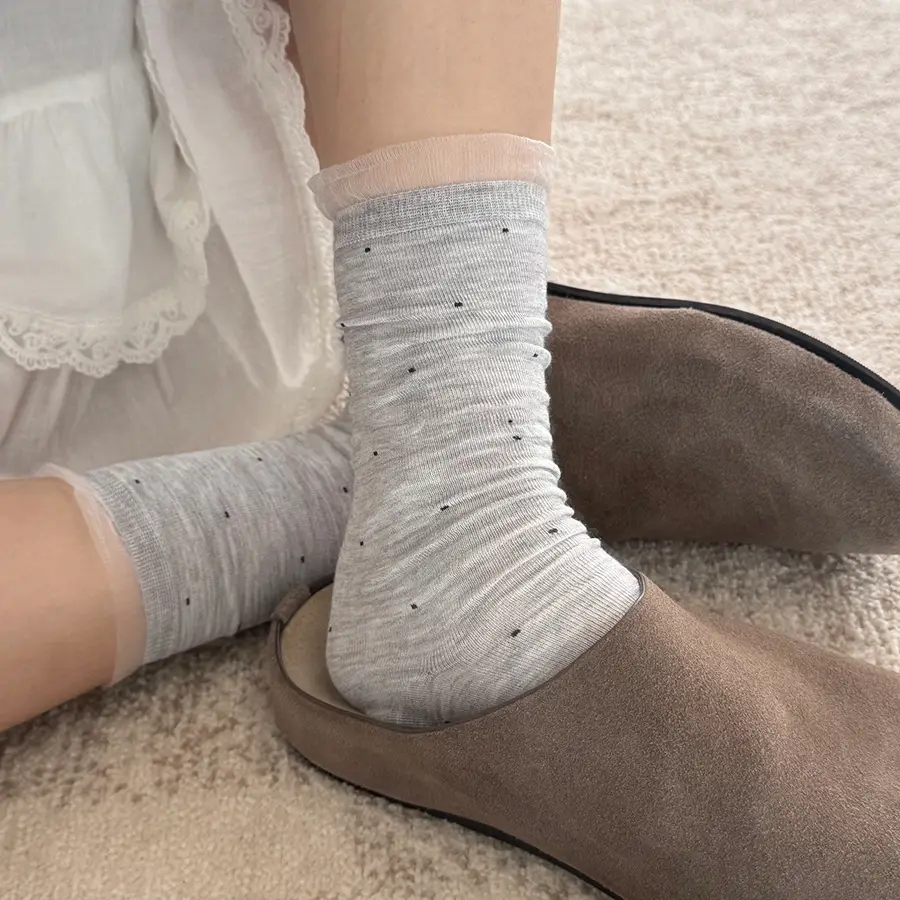 Cool and Elegant Style Miu-Style Small Polka Dot Lace Socks for Women, Mid-Calf, Spring and Summer Thin Pure Cotton Ballet-Style Slouch Socks