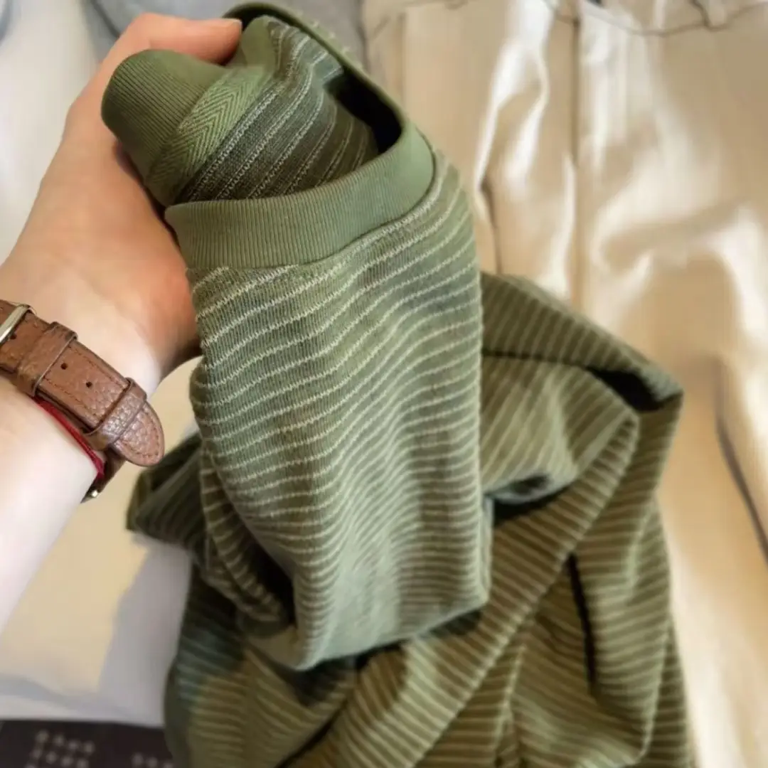 Pure Cotton Printed Striped Long-Sleeved T-Shirt for Women 2026 Spring & Fall New Style Loose Lazy Style Round Neck Bottoming Shirt Top