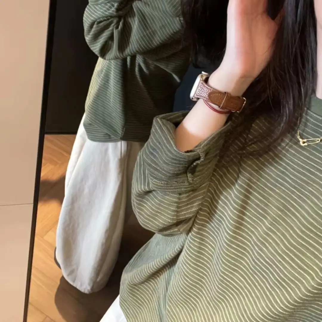 Pure Cotton Printed Striped Long-Sleeved T-Shirt for Women 2026 Spring & Fall New Style Loose Lazy Style Round Neck Bottoming Shirt Top