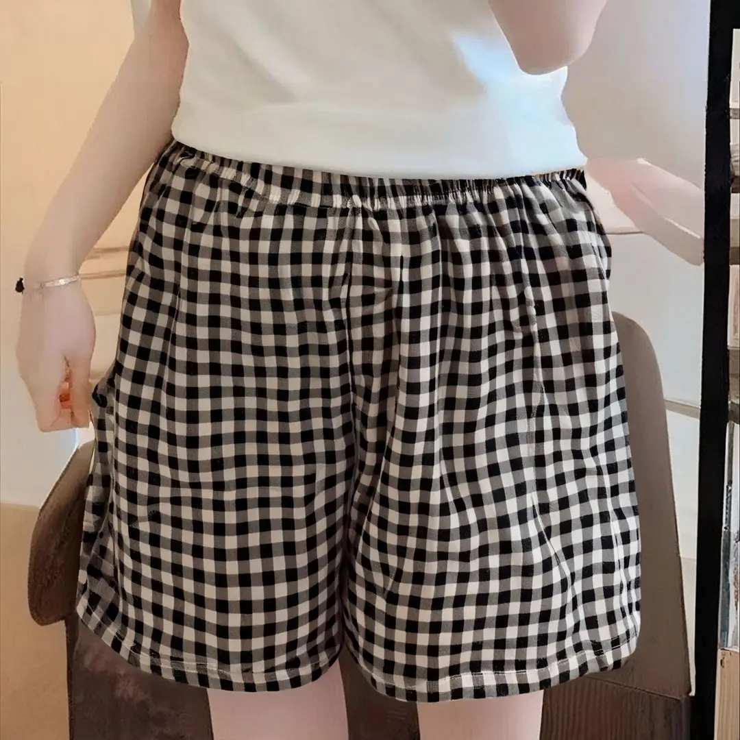 2026 New Large Size Thin Pajama Shorts Wide-Leg Slimming Plaid Summer Loose Casual Home Casual Pants for Women