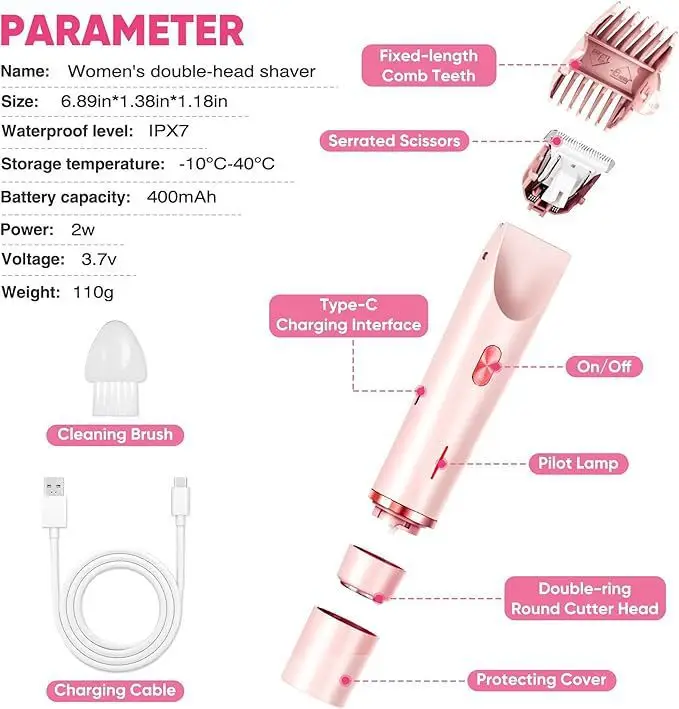 Cross-Border Hair Removal Device, Waterproof and Rechargeable, Women's Electric Shaver, Dual-Head Full-Body Shaver, Dry and Wet Dual-Use Hair Removal Device — feature 9
