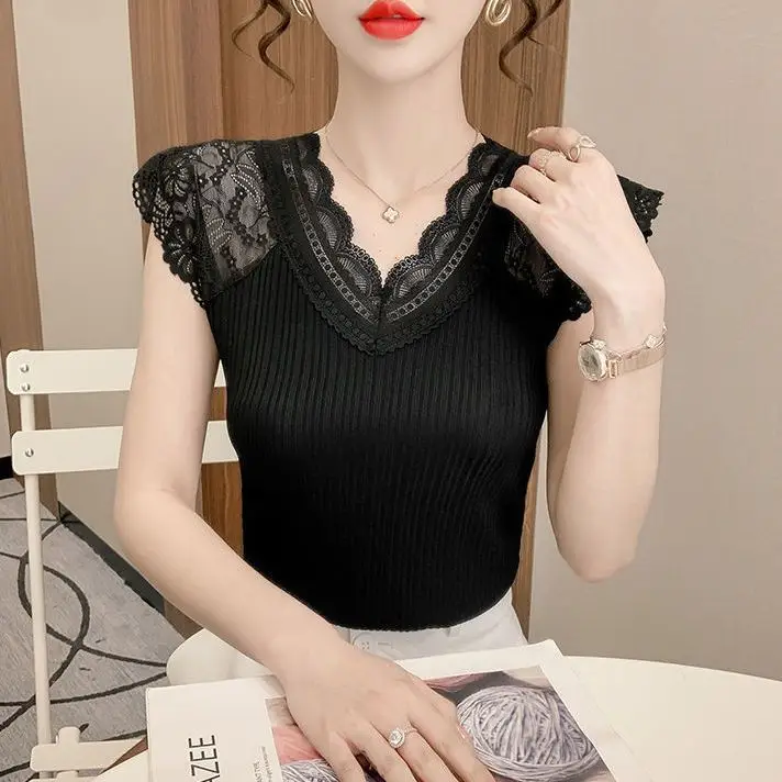Women's Summer Stylish Lace V-Neck Plus-Size Stretchy Slim-Fit Elegant Blazer Versatile Base Layer Top