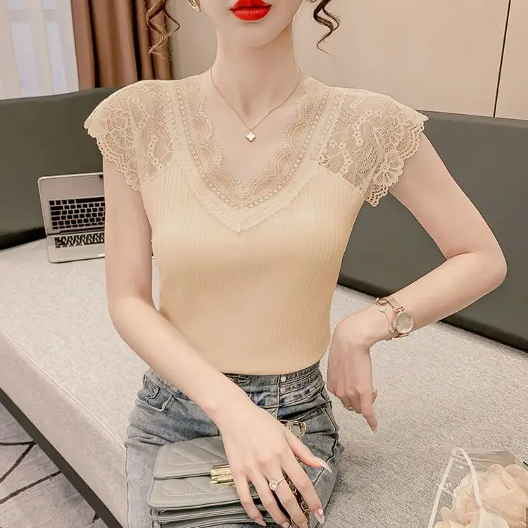 Women's Summer Stylish Lace V-Neck Plus-Size Stretchy Slim-Fit Elegant Blazer Versatile Base Layer Top