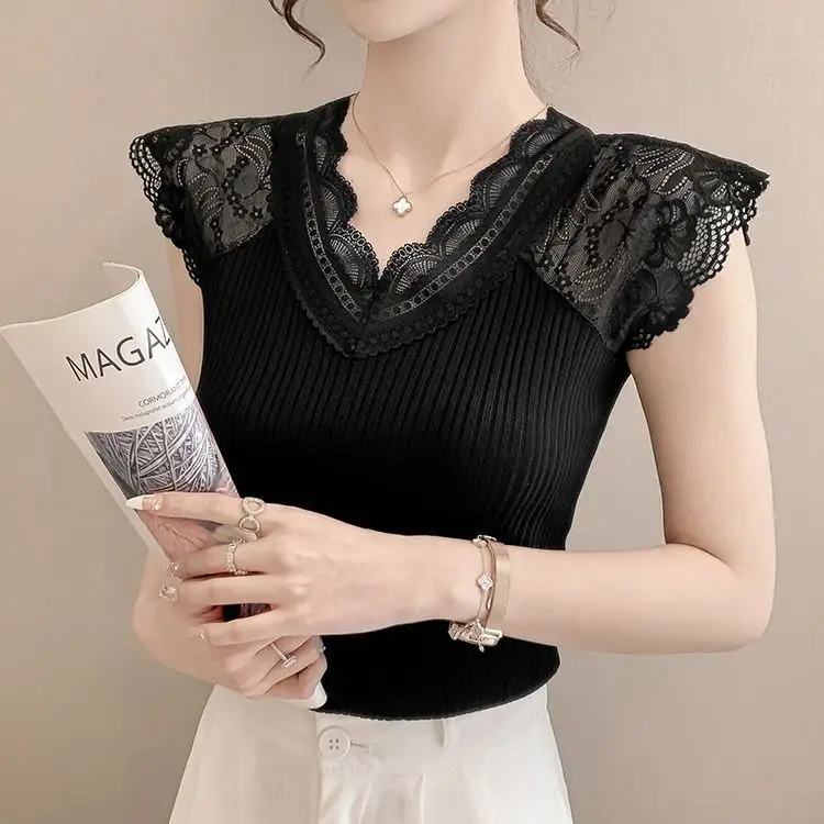 Women's Summer Stylish Lace V-Neck Plus-Size Stretchy Slim-Fit Elegant Blazer Versatile Base Layer Top