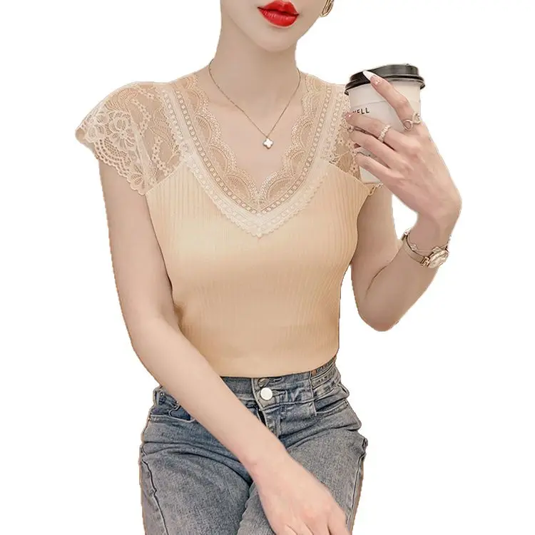 Women's Summer Stylish Lace V-Neck Plus-Size Stretchy Slim-Fit Elegant Blazer Versatile Base Layer Top