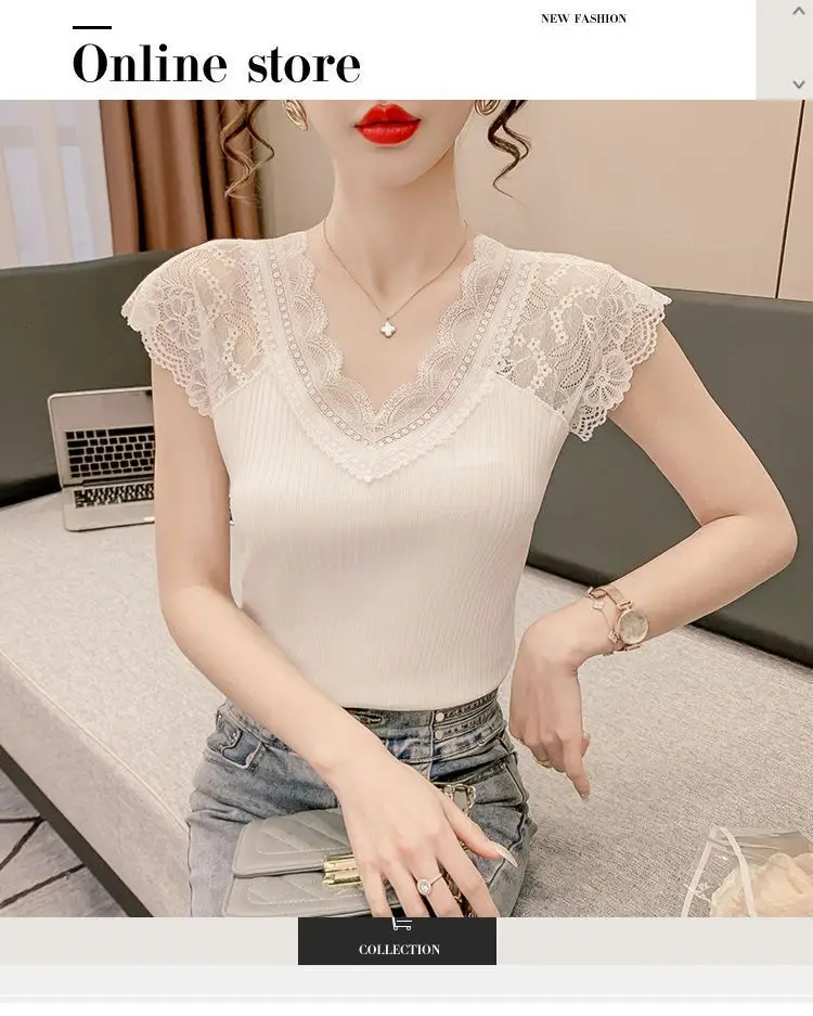 Women's Summer Stylish Lace V-Neck Plus-Size Stretchy Slim-Fit Elegant Blazer Versatile Base Layer Top — feature 1