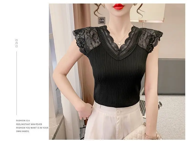 Women's Summer Stylish Lace V-Neck Plus-Size Stretchy Slim-Fit Elegant Blazer Versatile Base Layer Top — feature 10