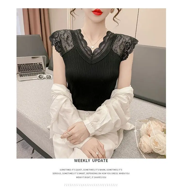 Women's Summer Stylish Lace V-Neck Plus-Size Stretchy Slim-Fit Elegant Blazer Versatile Base Layer Top — feature 12