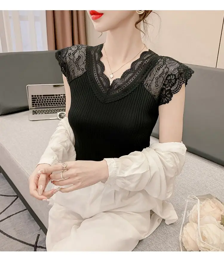 Women's Summer Stylish Lace V-Neck Plus-Size Stretchy Slim-Fit Elegant Blazer Versatile Base Layer Top — feature 14