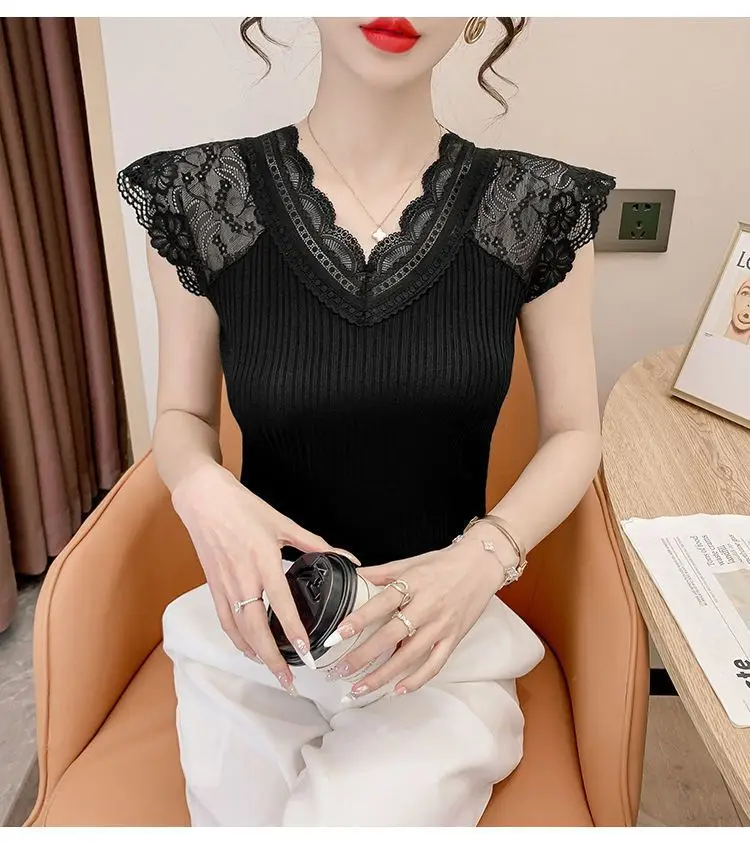 Women's Summer Stylish Lace V-Neck Plus-Size Stretchy Slim-Fit Elegant Blazer Versatile Base Layer Top — feature 15