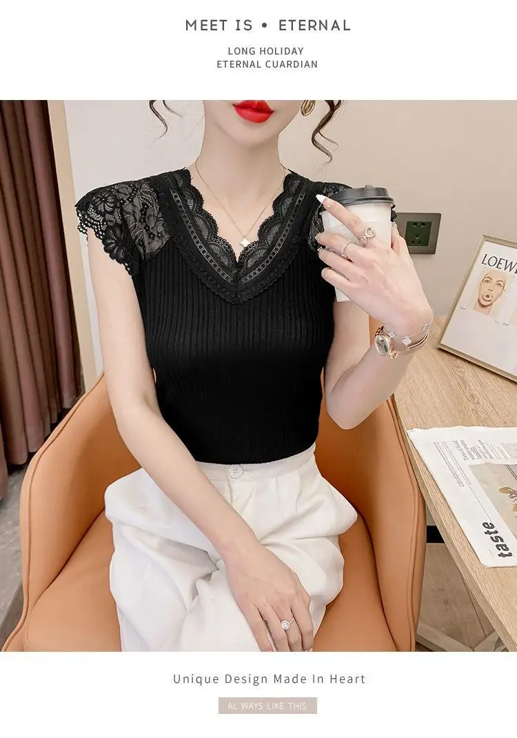 Women's Summer Stylish Lace V-Neck Plus-Size Stretchy Slim-Fit Elegant Blazer Versatile Base Layer Top — feature 16