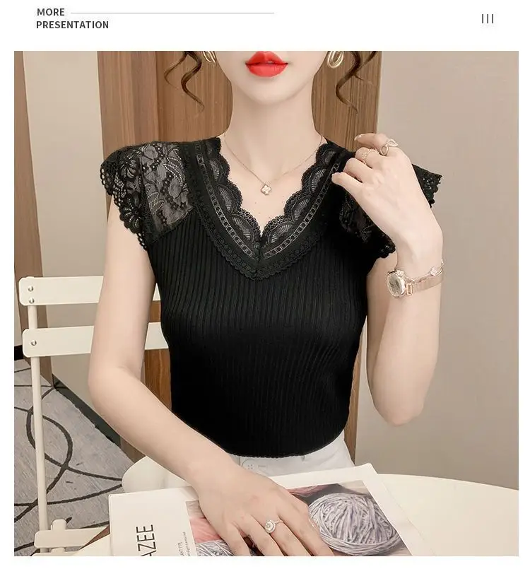 Women's Summer Stylish Lace V-Neck Plus-Size Stretchy Slim-Fit Elegant Blazer Versatile Base Layer Top — feature 17
