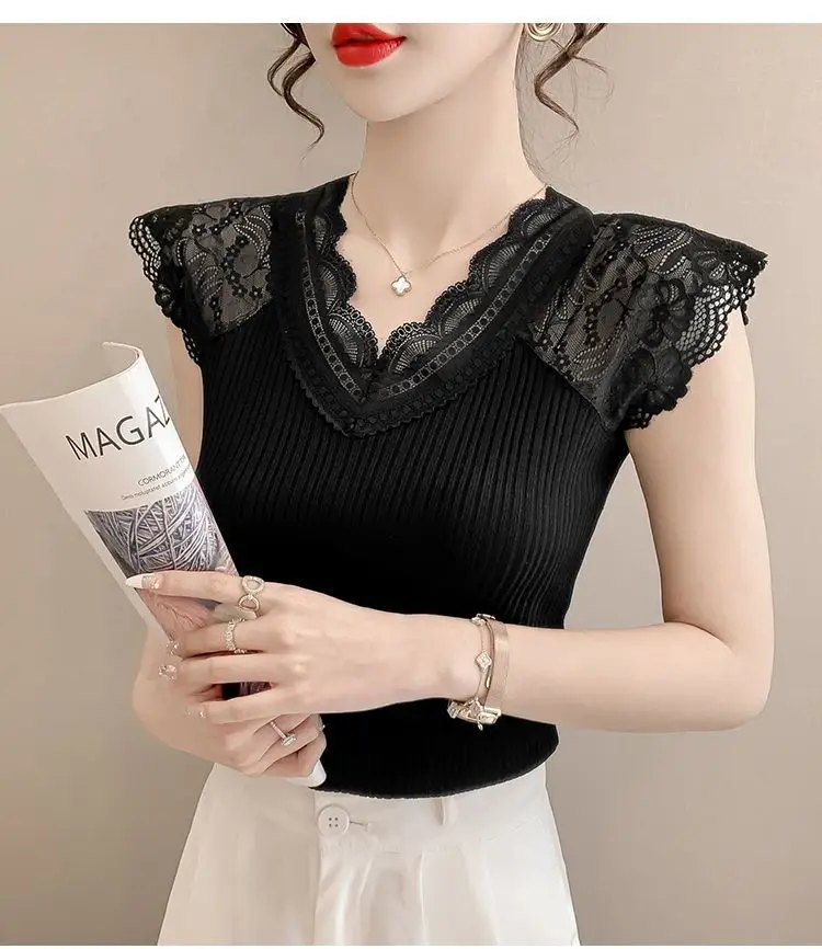 Women's Summer Stylish Lace V-Neck Plus-Size Stretchy Slim-Fit Elegant Blazer Versatile Base Layer Top — feature 18