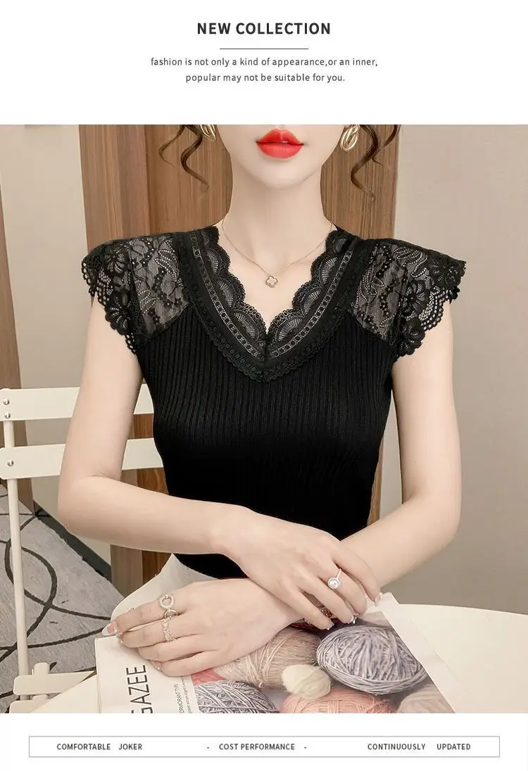 Women's Summer Stylish Lace V-Neck Plus-Size Stretchy Slim-Fit Elegant Blazer Versatile Base Layer Top — feature 19