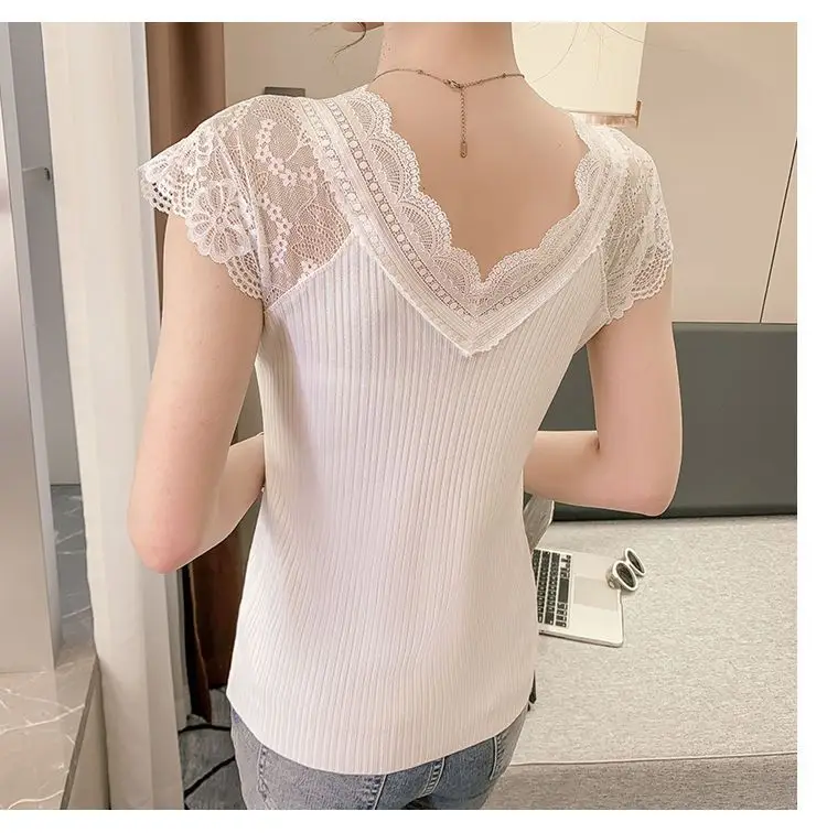 Women's Summer Stylish Lace V-Neck Plus-Size Stretchy Slim-Fit Elegant Blazer Versatile Base Layer Top — feature 2