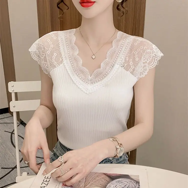 Women's Summer Stylish Lace V-Neck Plus-Size Stretchy Slim-Fit Elegant Blazer Versatile Base Layer Top — feature 20