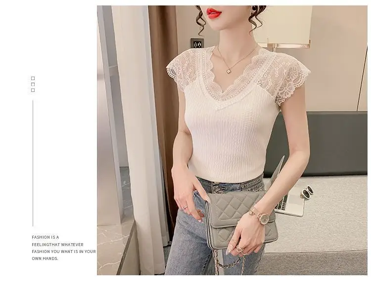Women's Summer Stylish Lace V-Neck Plus-Size Stretchy Slim-Fit Elegant Blazer Versatile Base Layer Top — feature 3