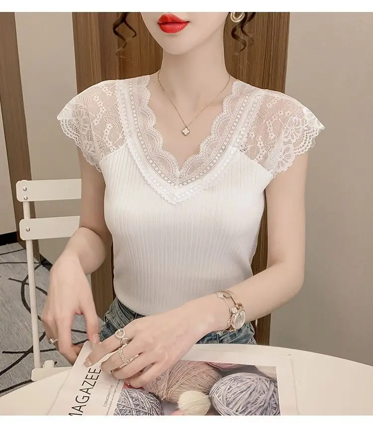 Women's Summer Stylish Lace V-Neck Plus-Size Stretchy Slim-Fit Elegant Blazer Versatile Base Layer Top — feature 7