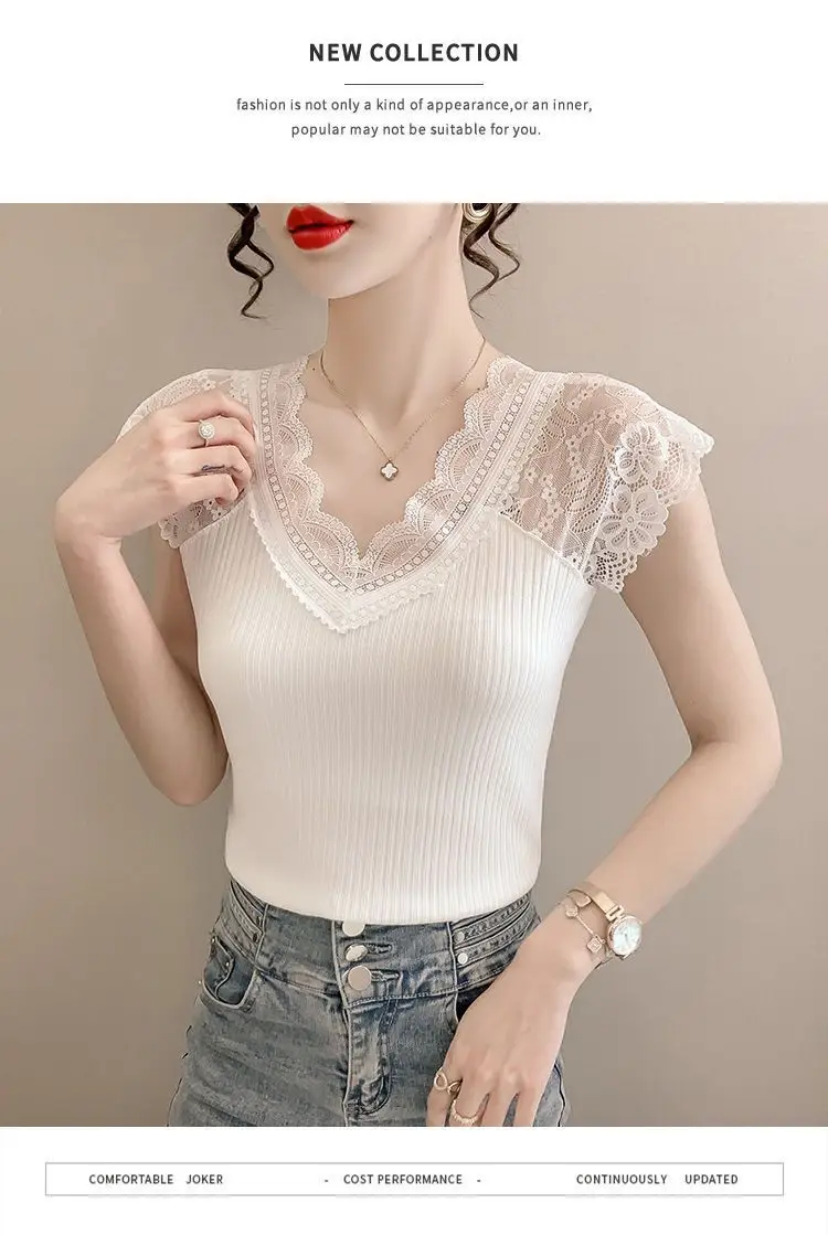 Women's Summer Stylish Lace V-Neck Plus-Size Stretchy Slim-Fit Elegant Blazer Versatile Base Layer Top — feature 8