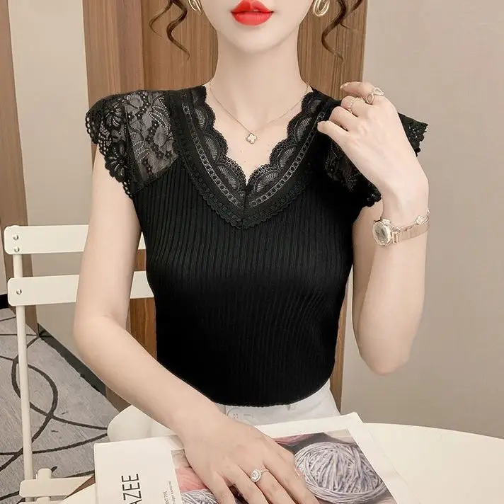 Women's Summer Stylish Lace V-Neck Plus-Size Stretchy Slim-Fit Elegant Blazer Versatile Base Layer Top