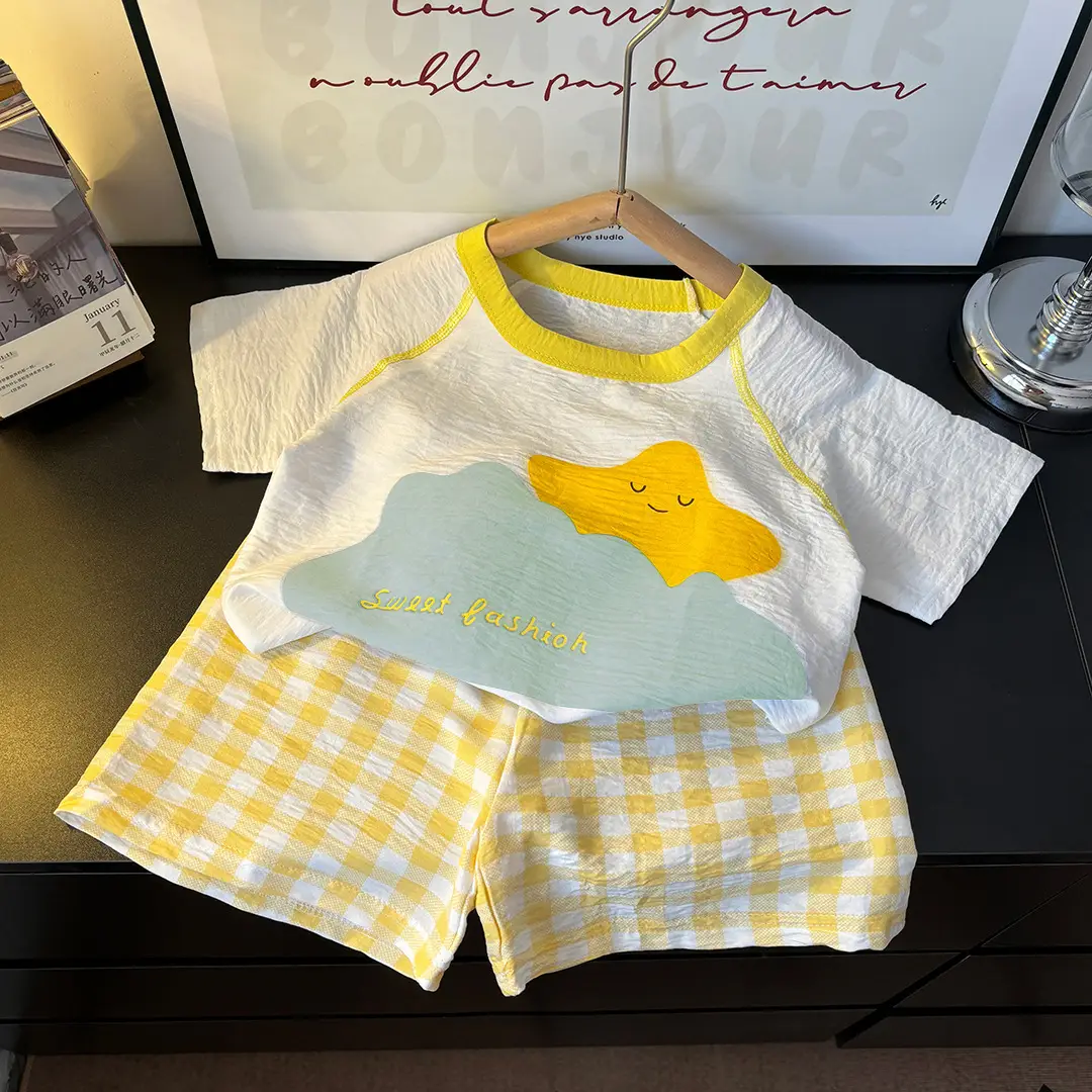 Boys' Stylish Cloud Cotton Home Clothes, Girls' Short-Sleeved Shorts, Thin Air-Conditioned Clothing, Kidsren's Summer Pajamas Set