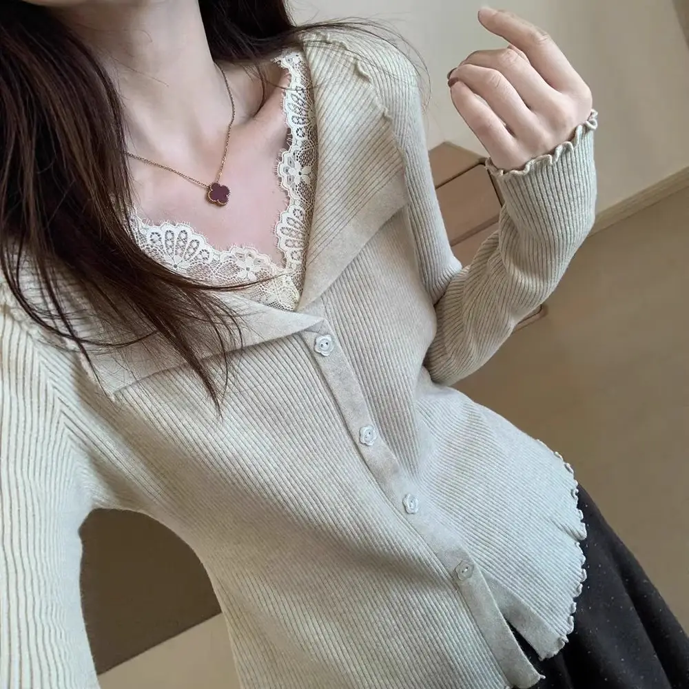 Sweater with Lace Patchwork, Faux Two-Piece Base Shirt, 2025 Autumn and Winter New Korean Style Cardigan, Casual and Stylish Top for Women