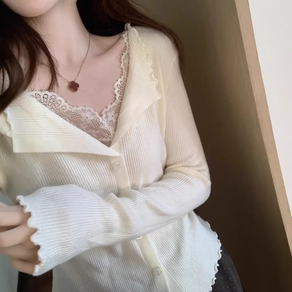 Sweater with Lace Patchwork, Faux Two-Piece Base Shirt, 2025 Autumn and Winter New Korean Style Cardigan, Casual and Stylish Top for Women