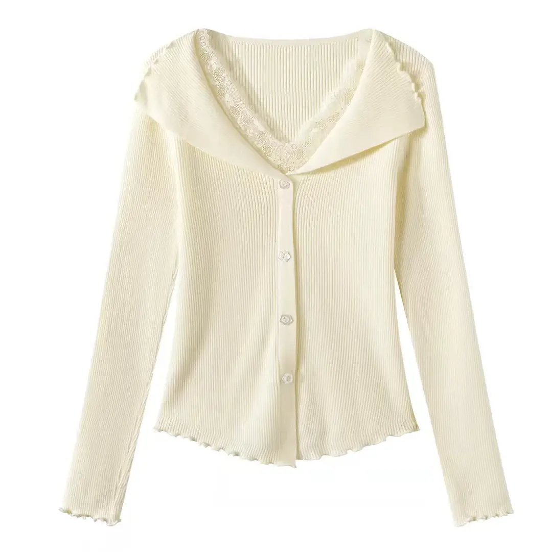 Sweater with Lace Patchwork, Faux Two-Piece Base Shirt, 2025 Autumn and Winter New Korean Style Cardigan, Casual and Stylish Top for Women