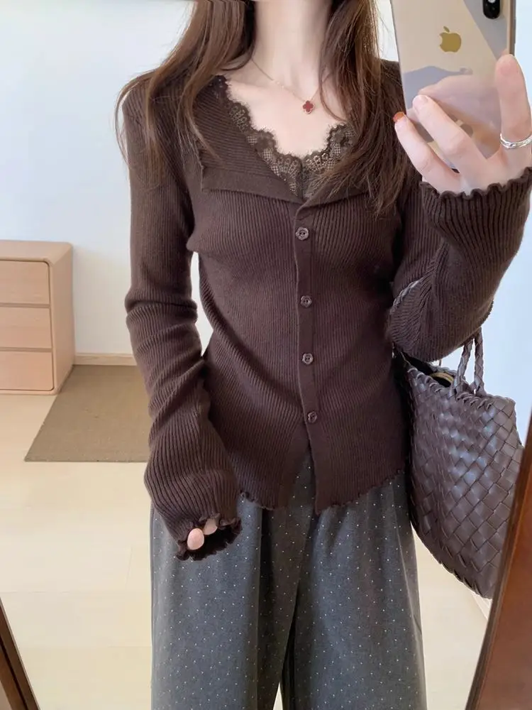 Sweater with Lace Patchwork, Faux Two-Piece Base Shirt, 2025 Autumn and Winter New Korean Style Cardigan, Casual and Stylish Top for Women — feature 10