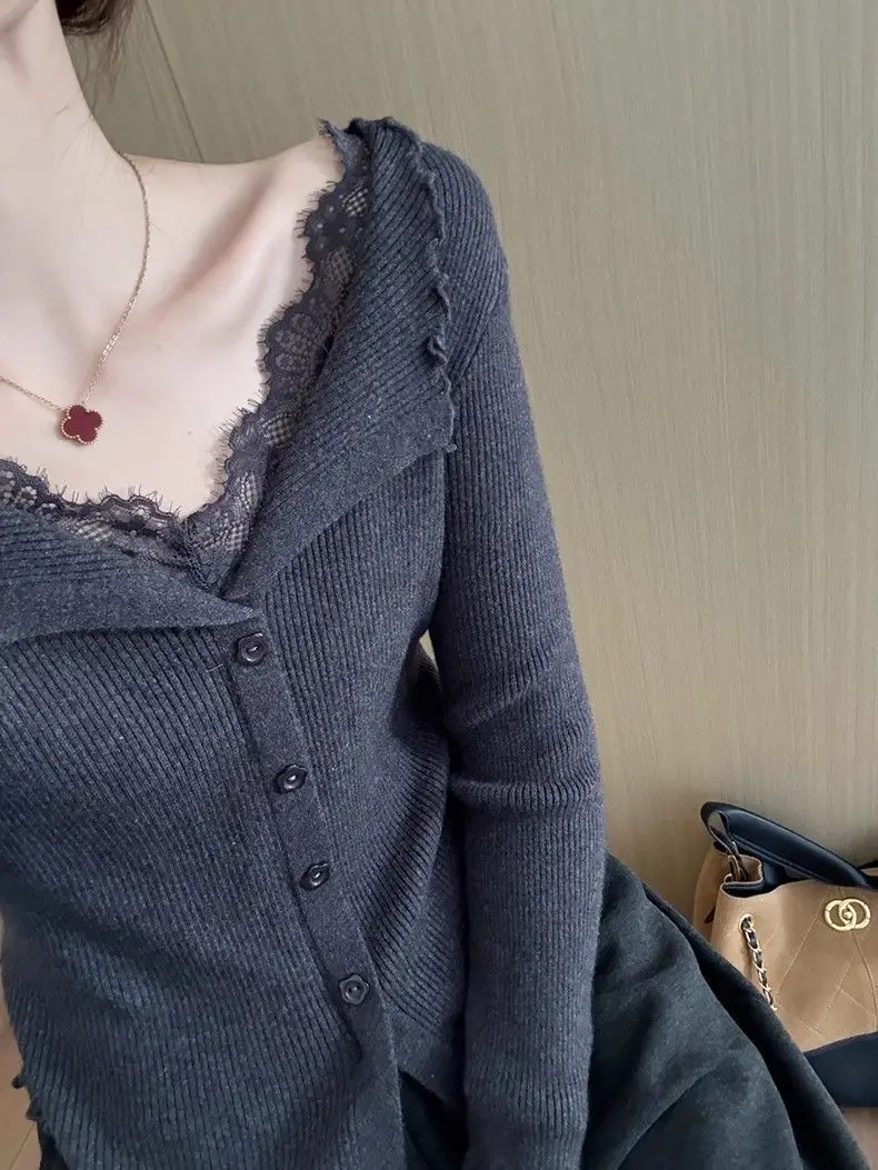 Sweater with Lace Patchwork, Faux Two-Piece Base Shirt, 2025 Autumn and Winter New Korean Style Cardigan, Casual and Stylish Top for Women — feature 11