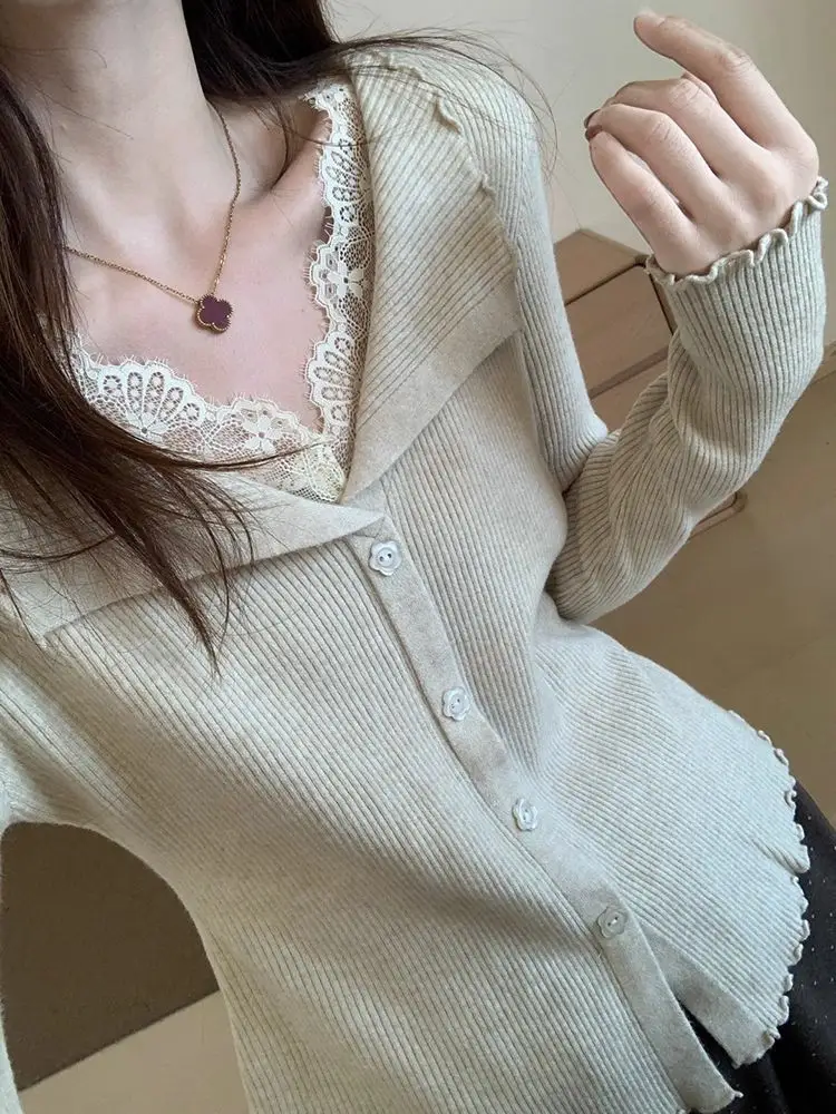 Sweater with Lace Patchwork, Faux Two-Piece Base Shirt, 2025 Autumn and Winter New Korean Style Cardigan, Casual and Stylish Top for Women — feature 2