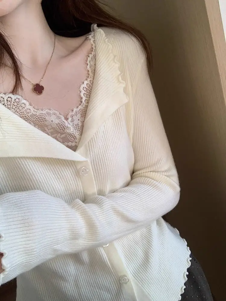 Sweater with Lace Patchwork, Faux Two-Piece Base Shirt, 2025 Autumn and Winter New Korean Style Cardigan, Casual and Stylish Top for Women — feature 3